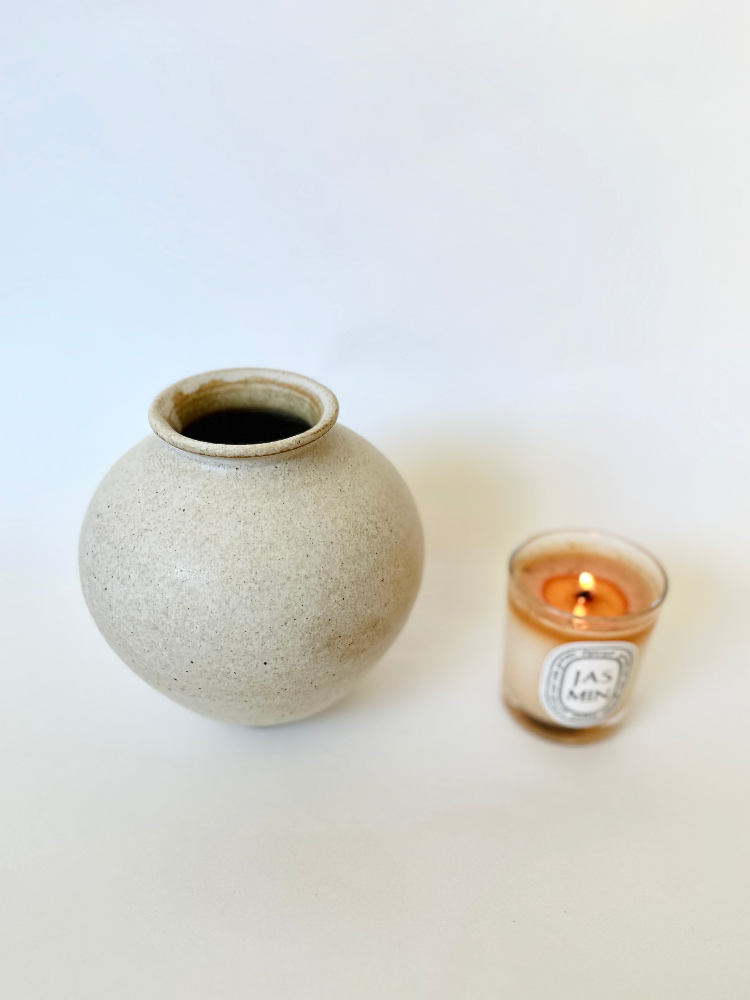 Warm satin white speckled vase no. 16