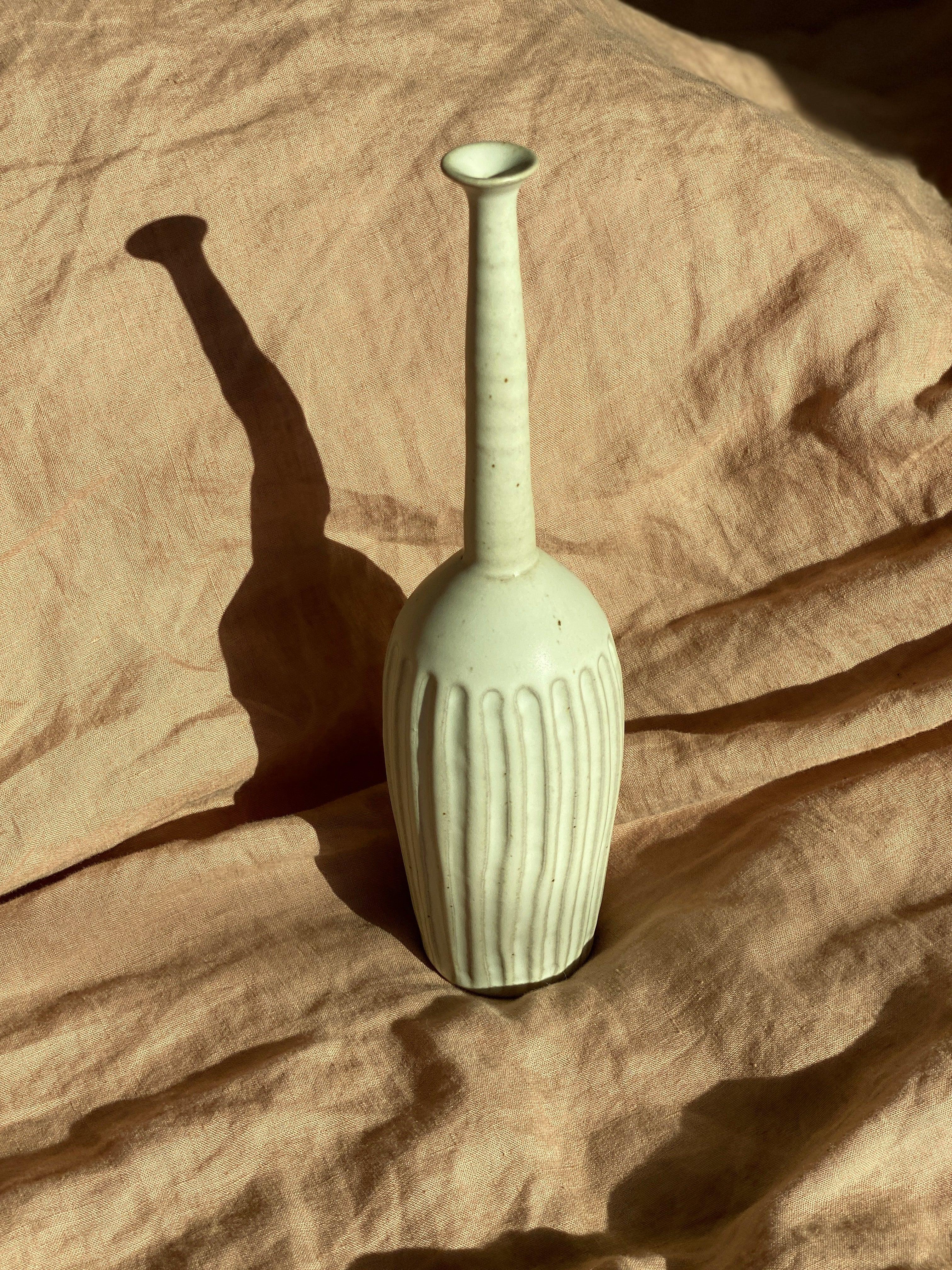Matte white tall carved decorative bottle No. 8 - Dana Chieco Studio