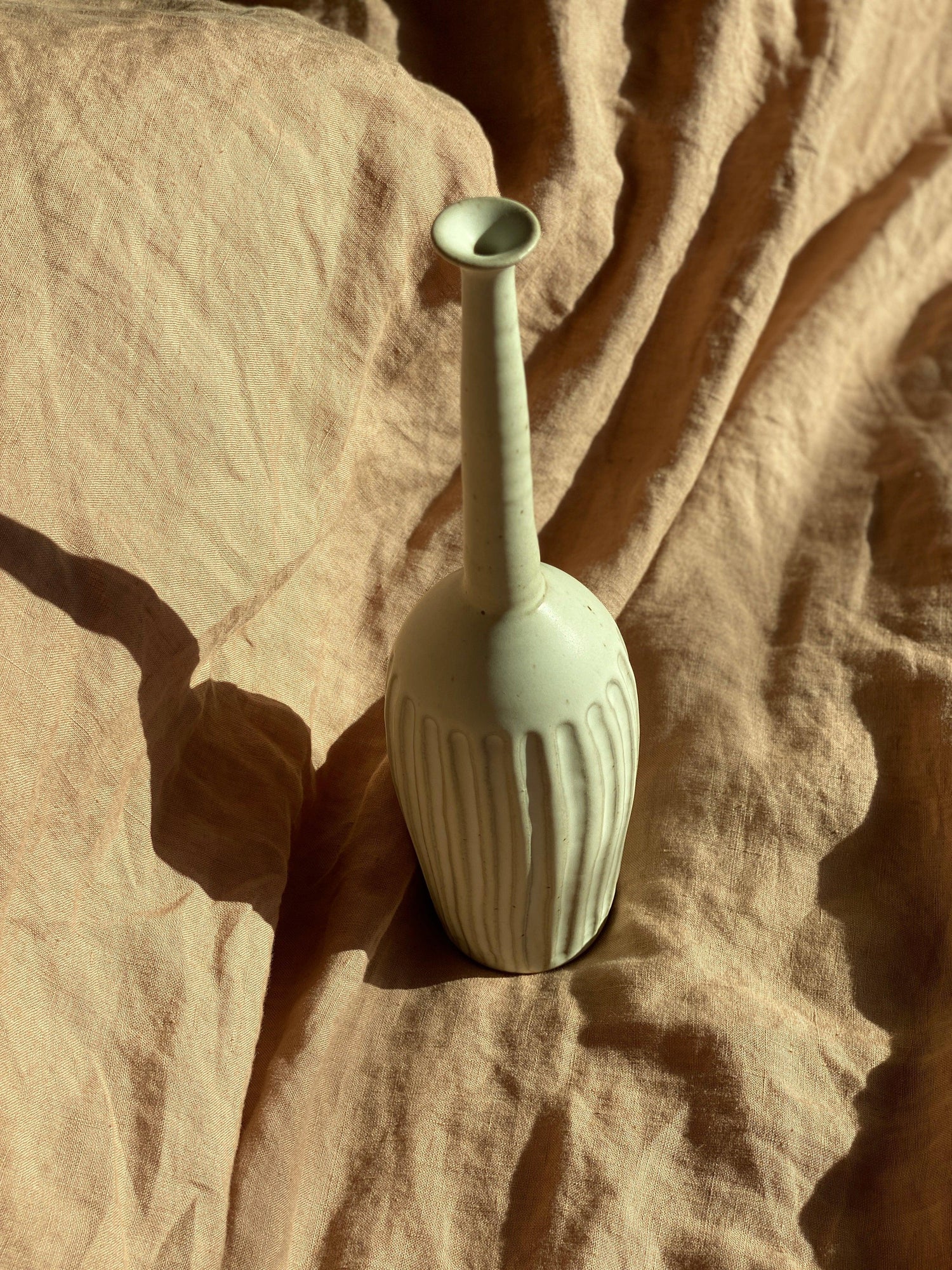 Matte white tall carved decorative bottle No. 8 - Dana Chieco Studio