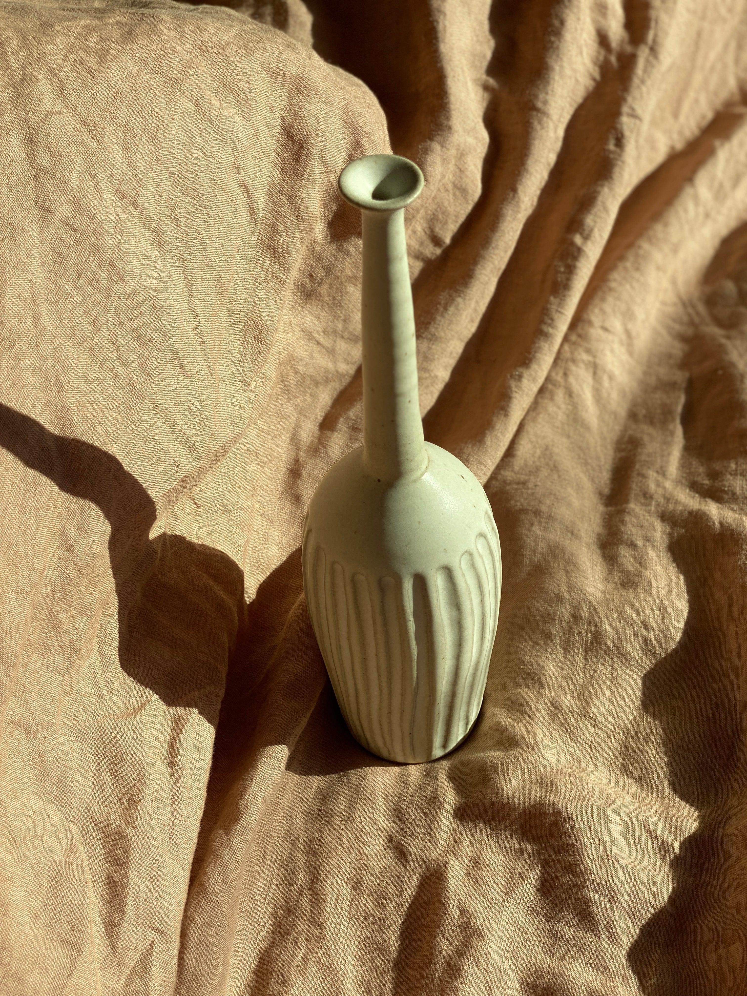 Matte white tall carved decorative bottle No. 8 - Dana Chieco Studio