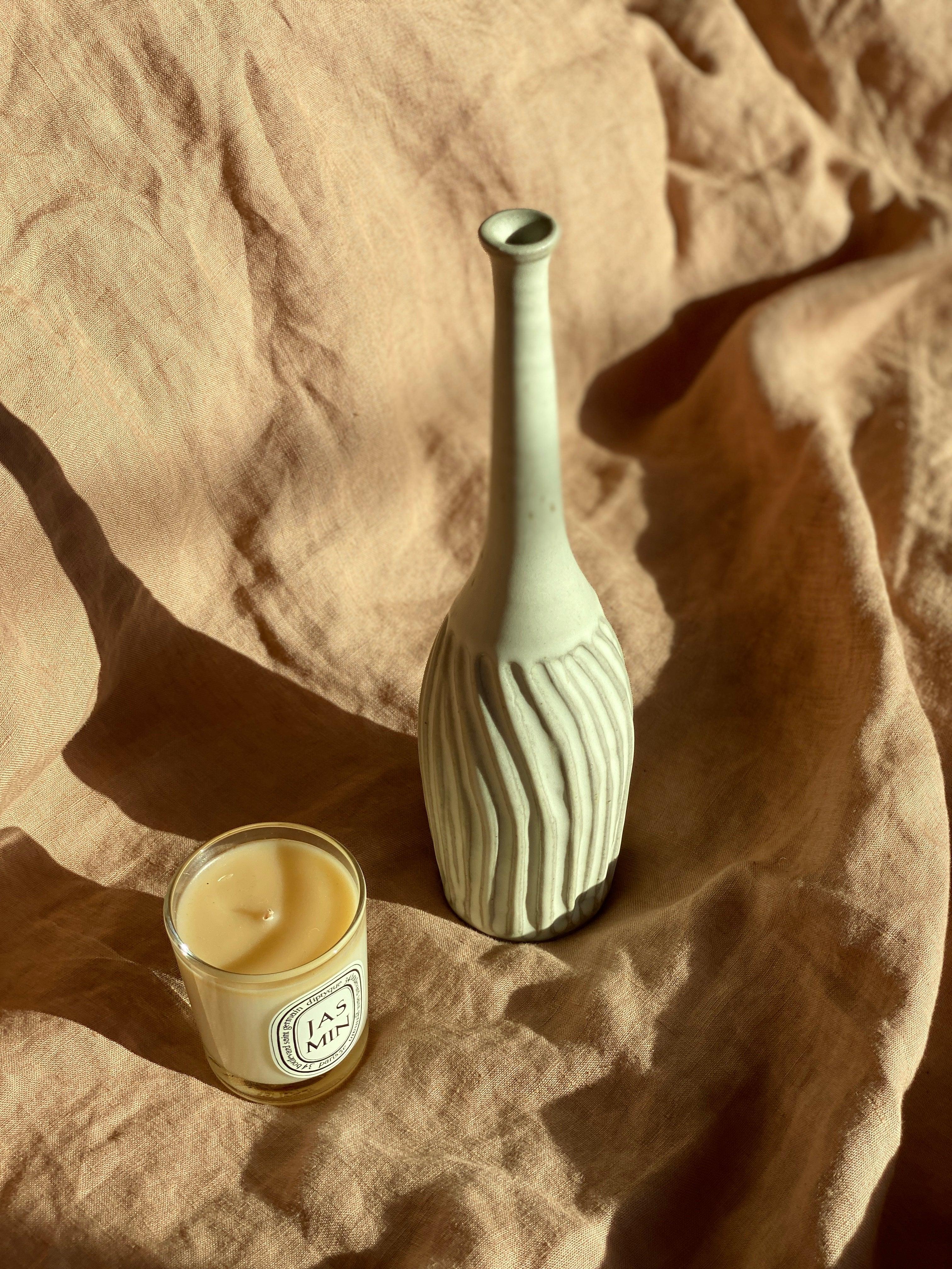 Matte white carved decorative bottle No. 5 - Dana Chieco Studio