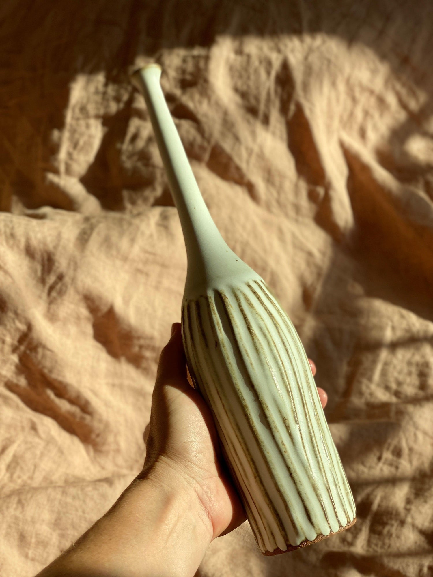 Matte white carved tall bottle with red clay No. 3 - Dana Chieco Studio