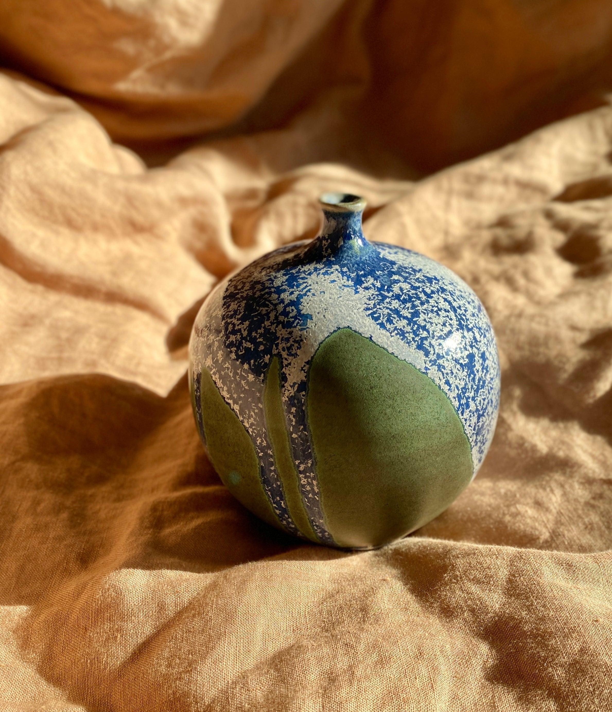 Frosty blue and green tiny neck vase - Dana Chieco Studio