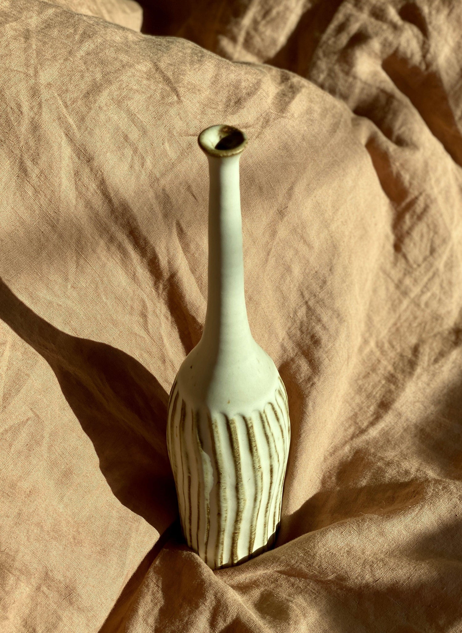 Matte white carved tall bottle with red clay No. 3 - Dana Chieco Studio