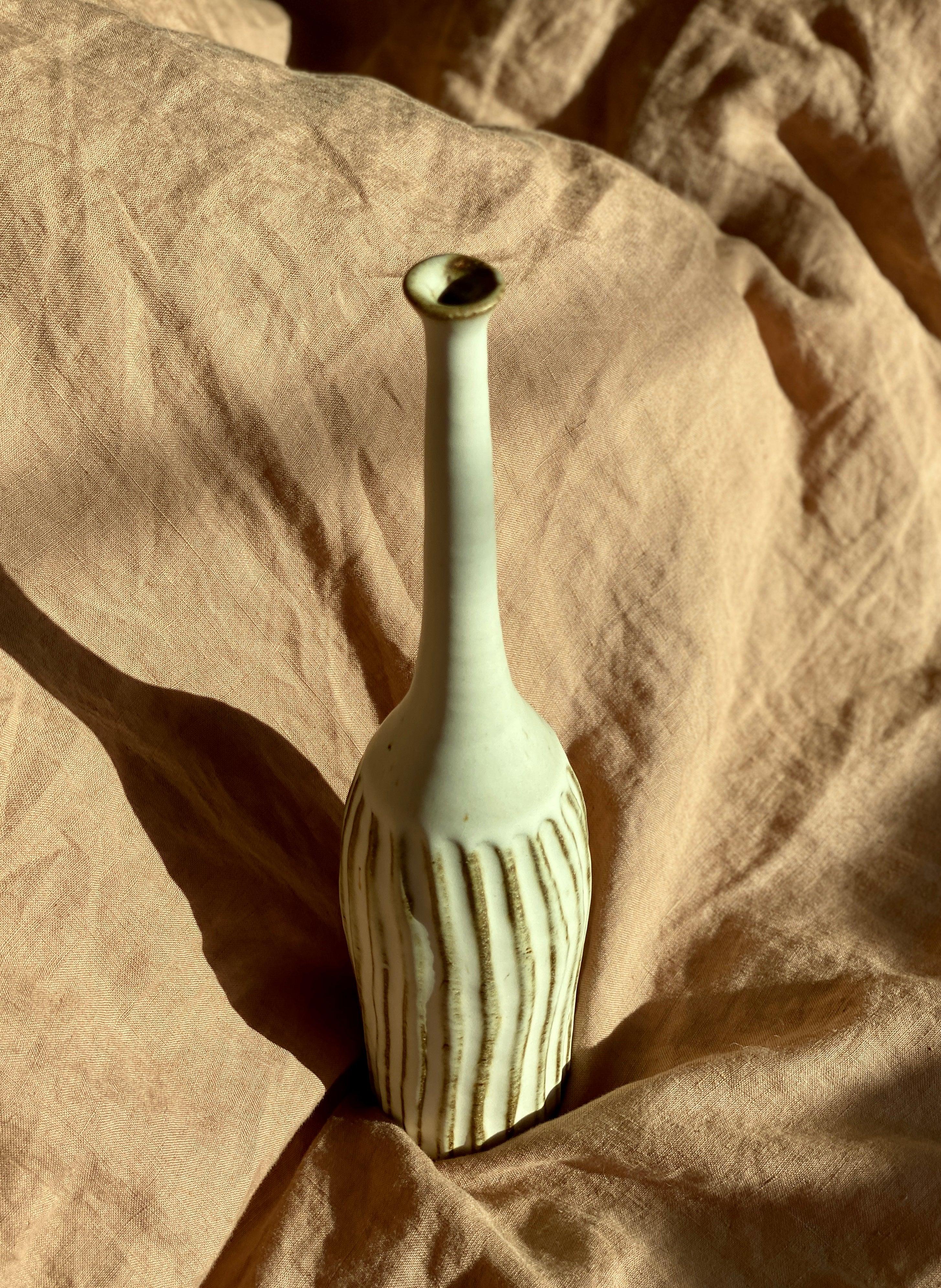 Matte white carved tall bottle with red clay No. 3 - Dana Chieco Studio