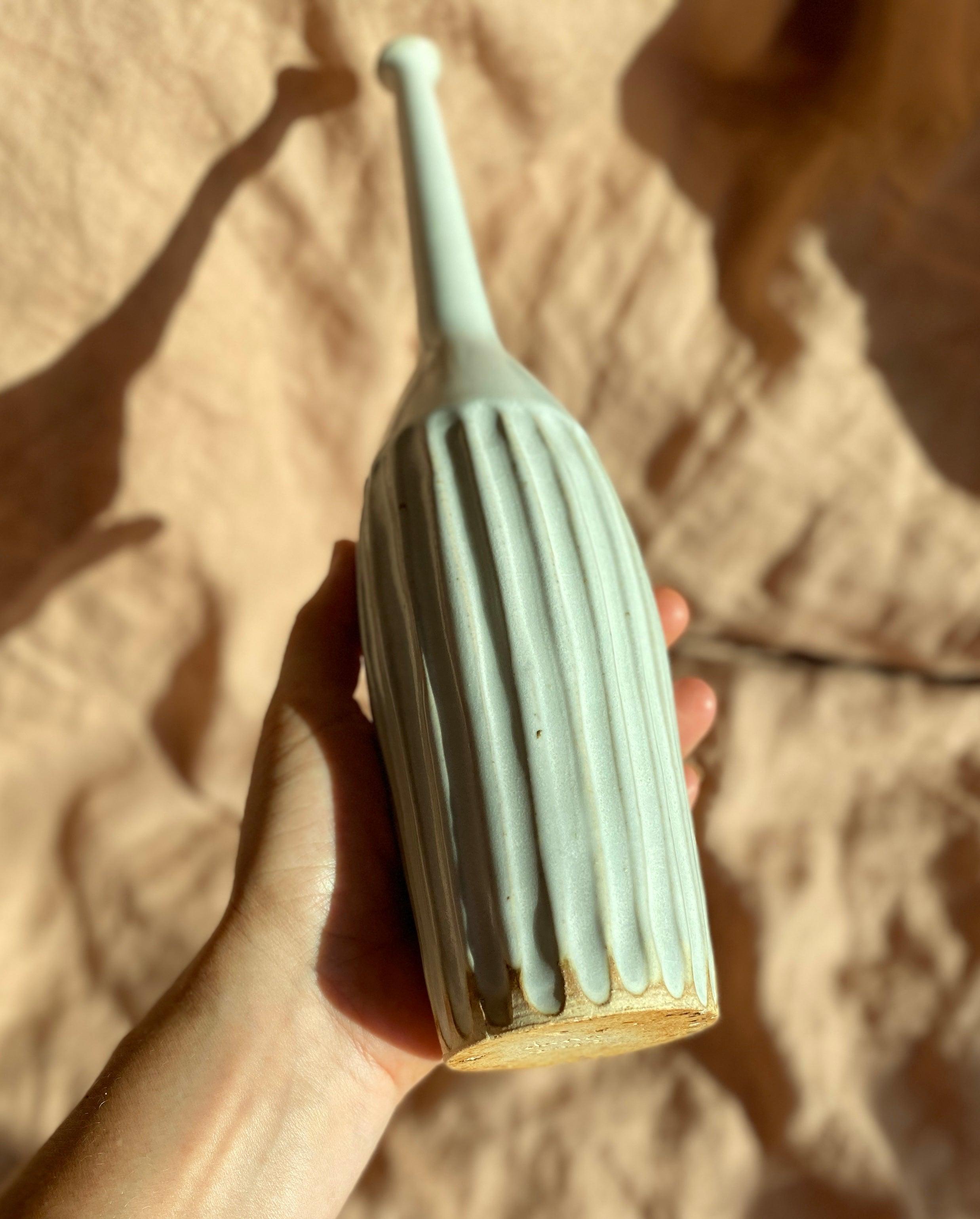 Glossy white carved tall bottle No. 9 - Dana Chieco Studio
