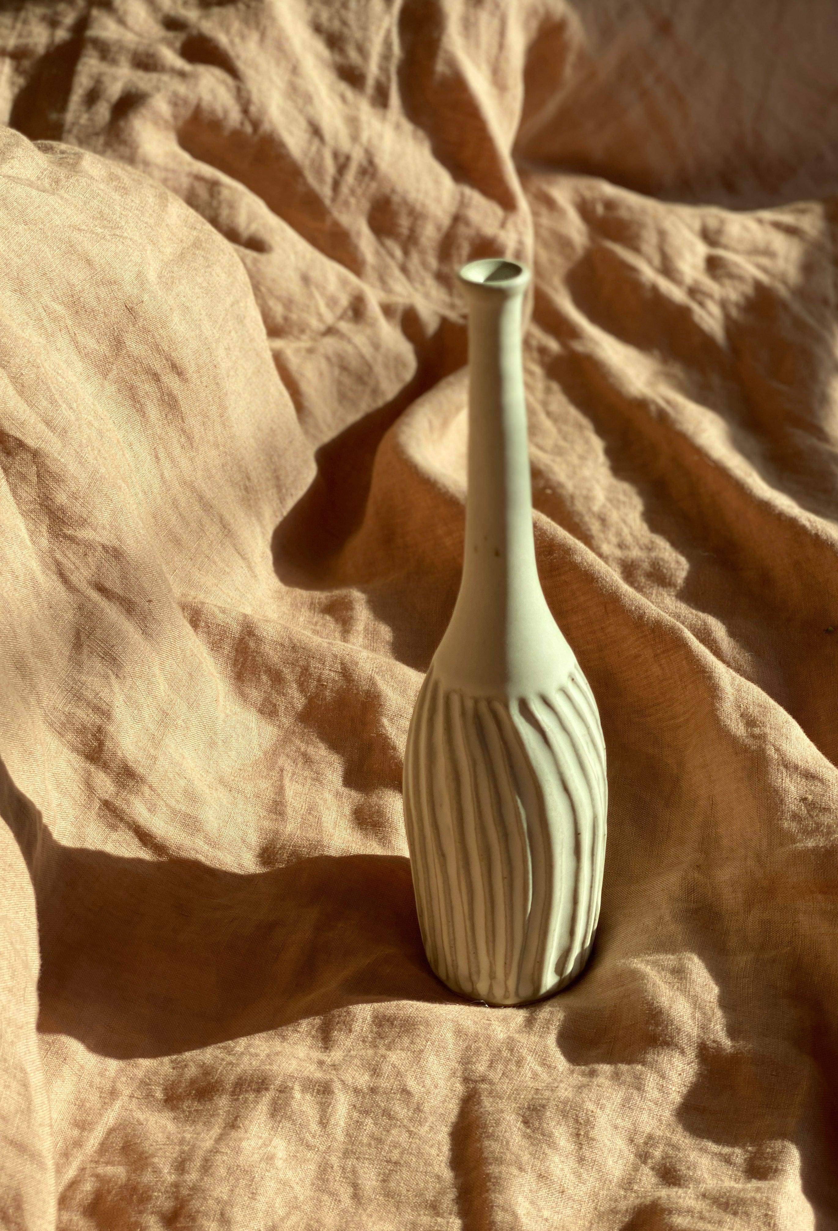 Matte white carved decorative bottle No. 5 - Dana Chieco Studio