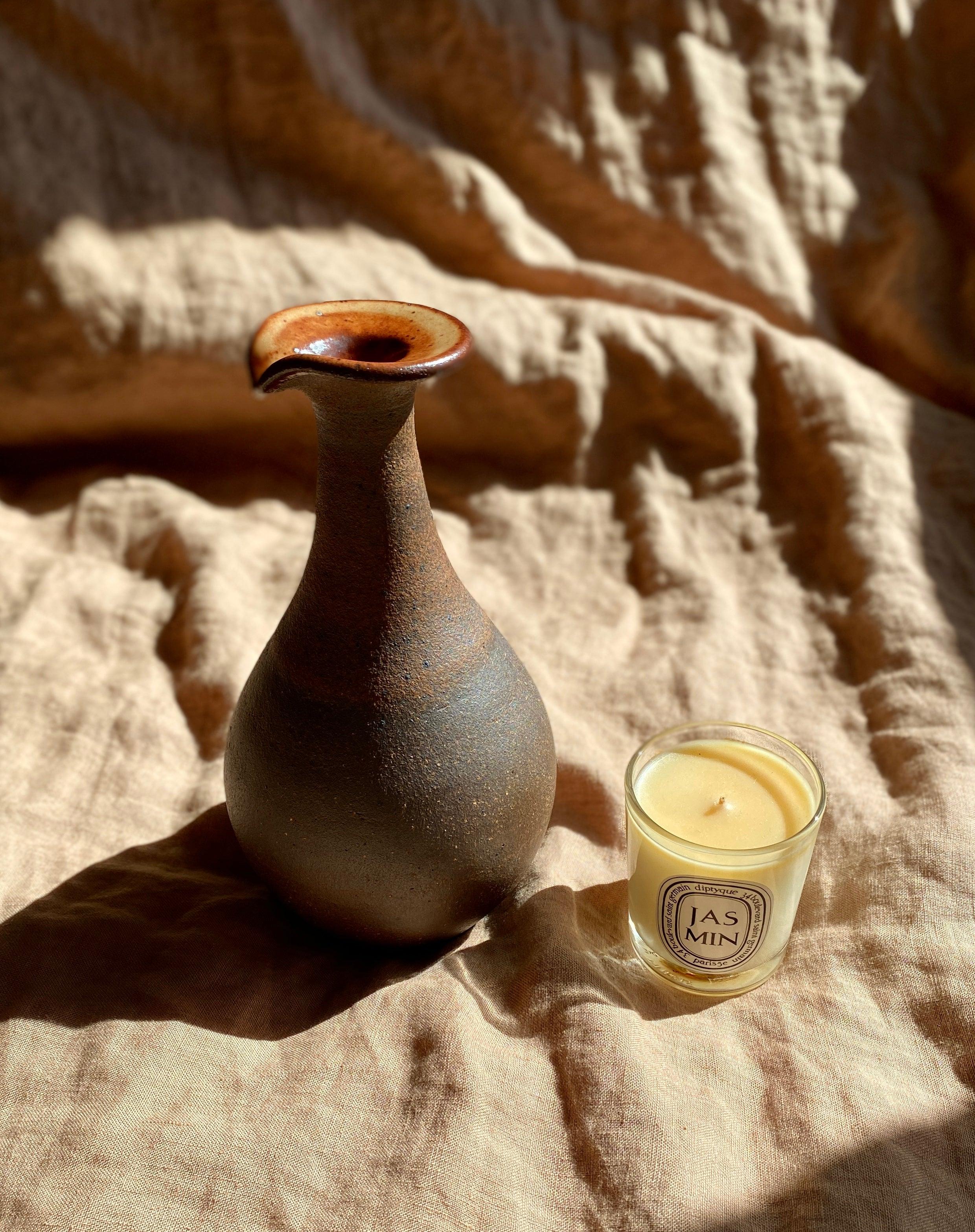Shino and raw clay decorative vase with spout - Dana Chieco Studio