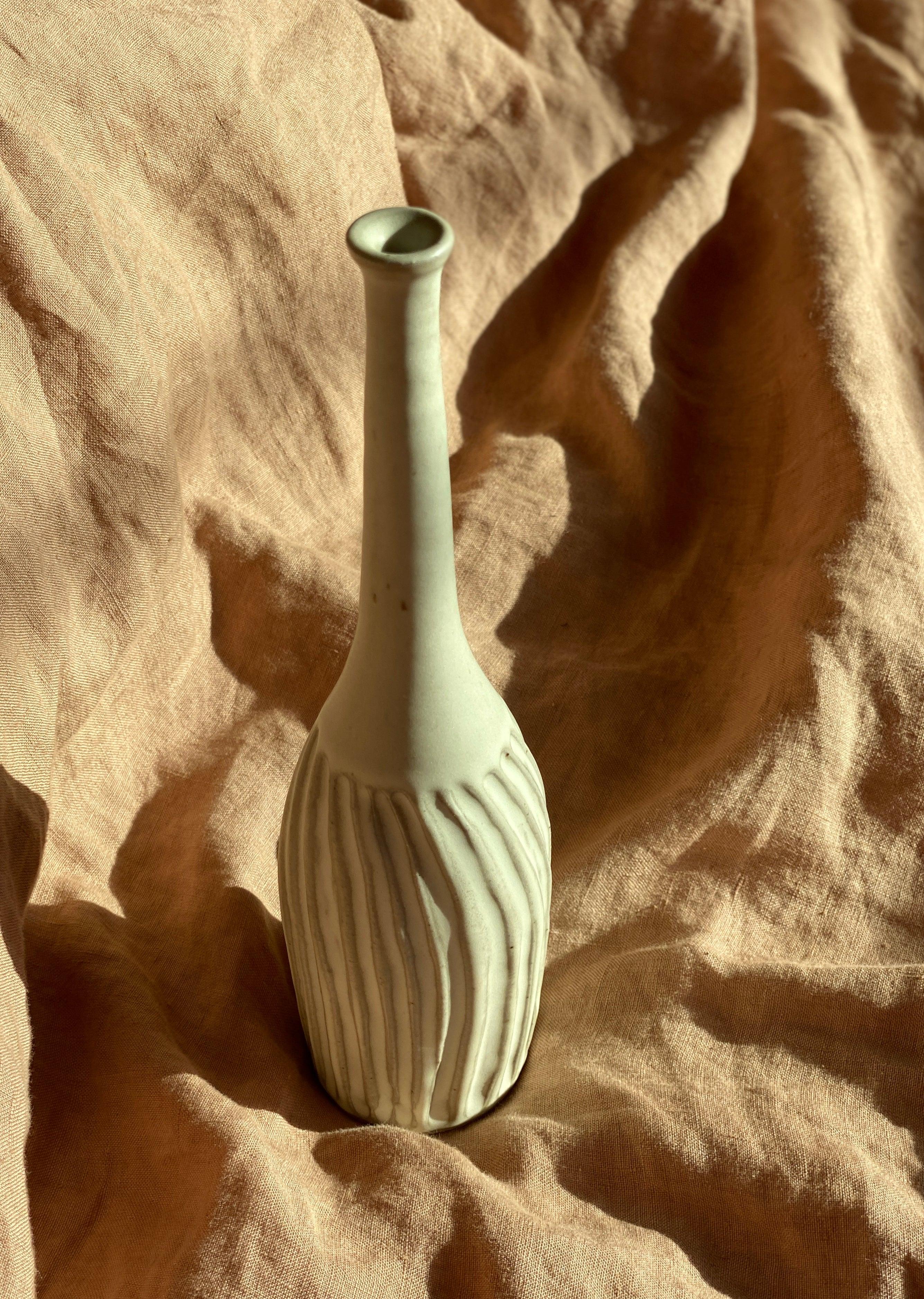 Matte white carved decorative bottle No. 5 - Dana Chieco Studio