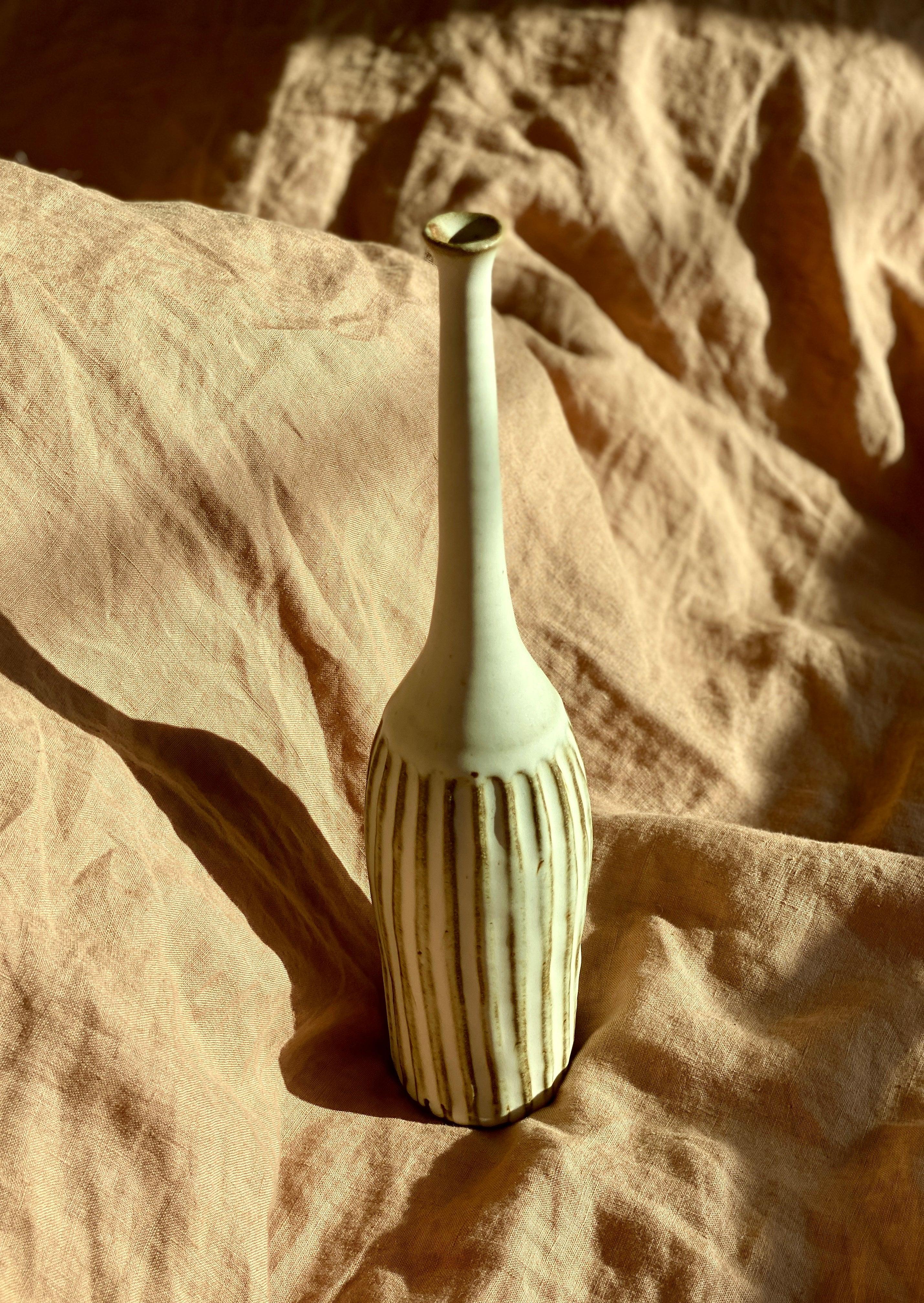 Matte white carved tall bottle with red clay No. 3 - Dana Chieco Studio