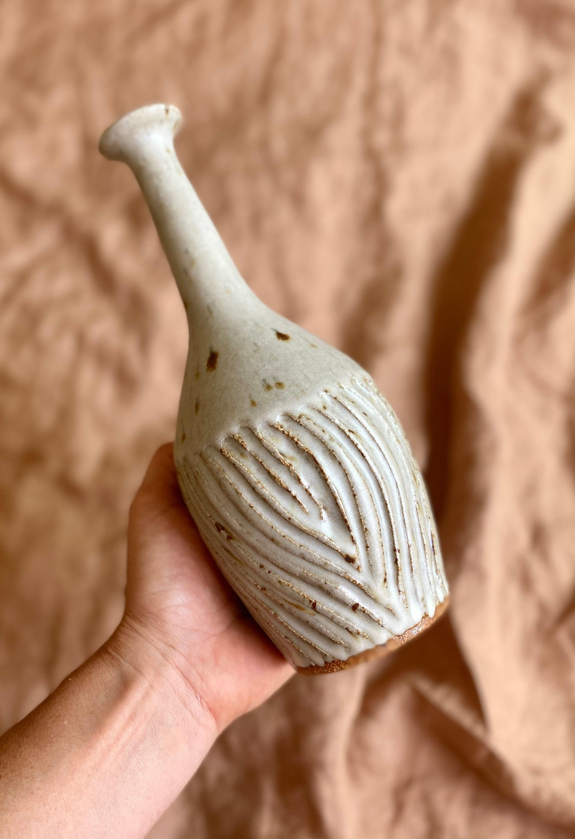 Matte white carved speckled decorative bottle No. 6 - Dana Chieco Studio