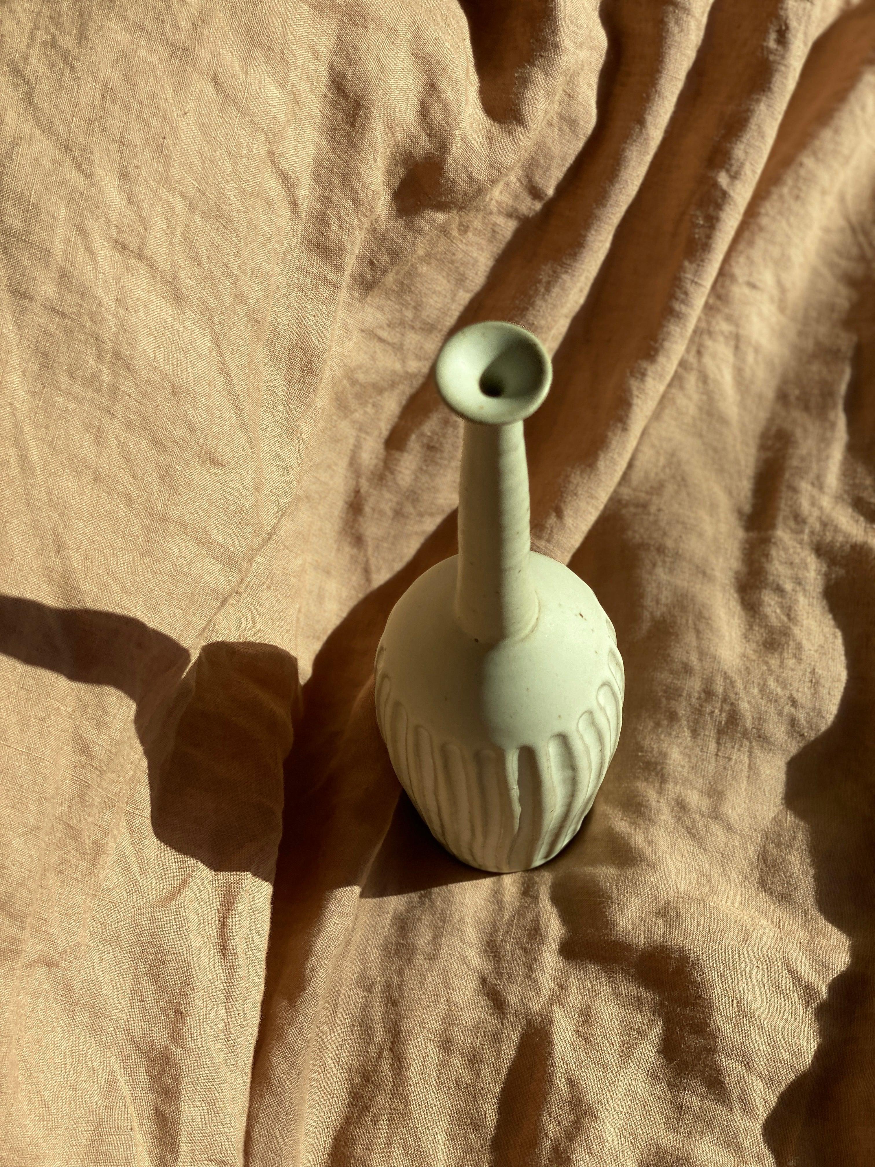 Matte white tall carved decorative bottle No. 8 - Dana Chieco Studio