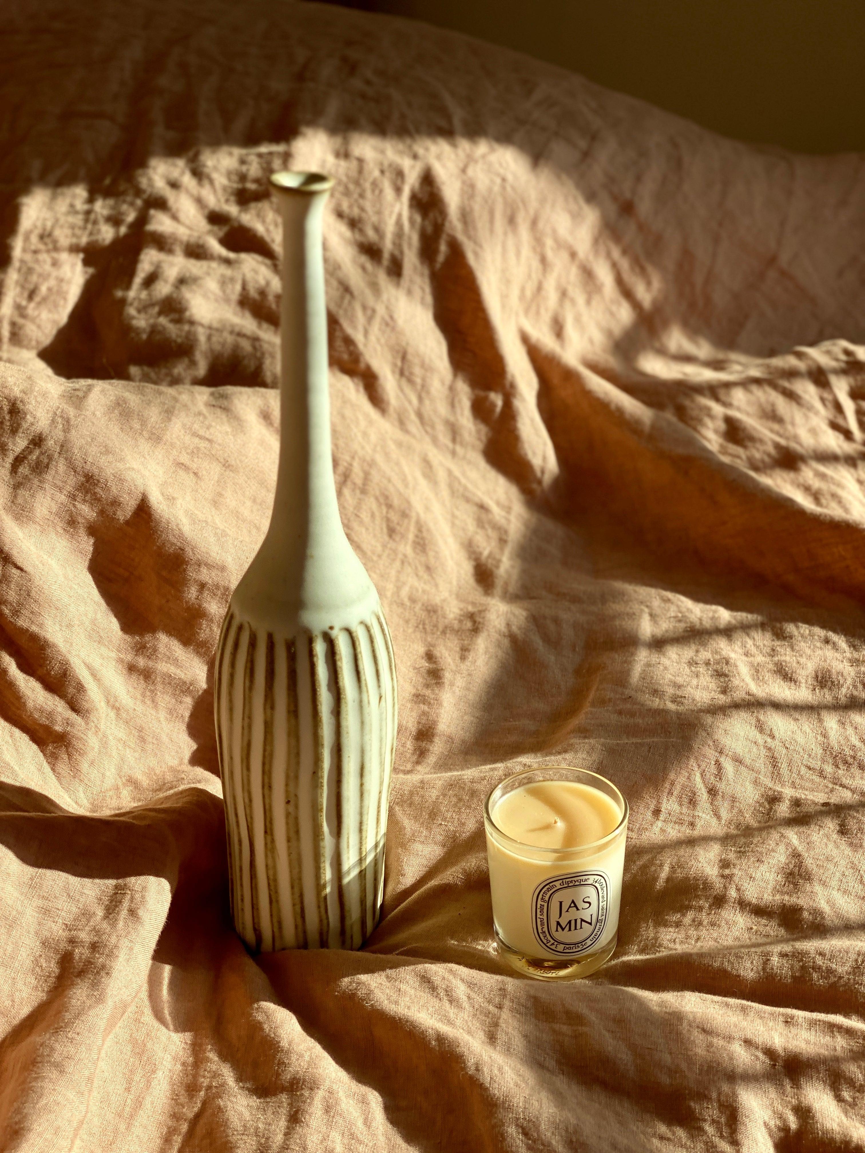 Matte white carved tall bottle with red clay No. 3 - Dana Chieco Studio