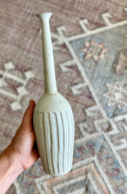 Matte white tall carved decorative bottle No. 8 - Dana Chieco Studio