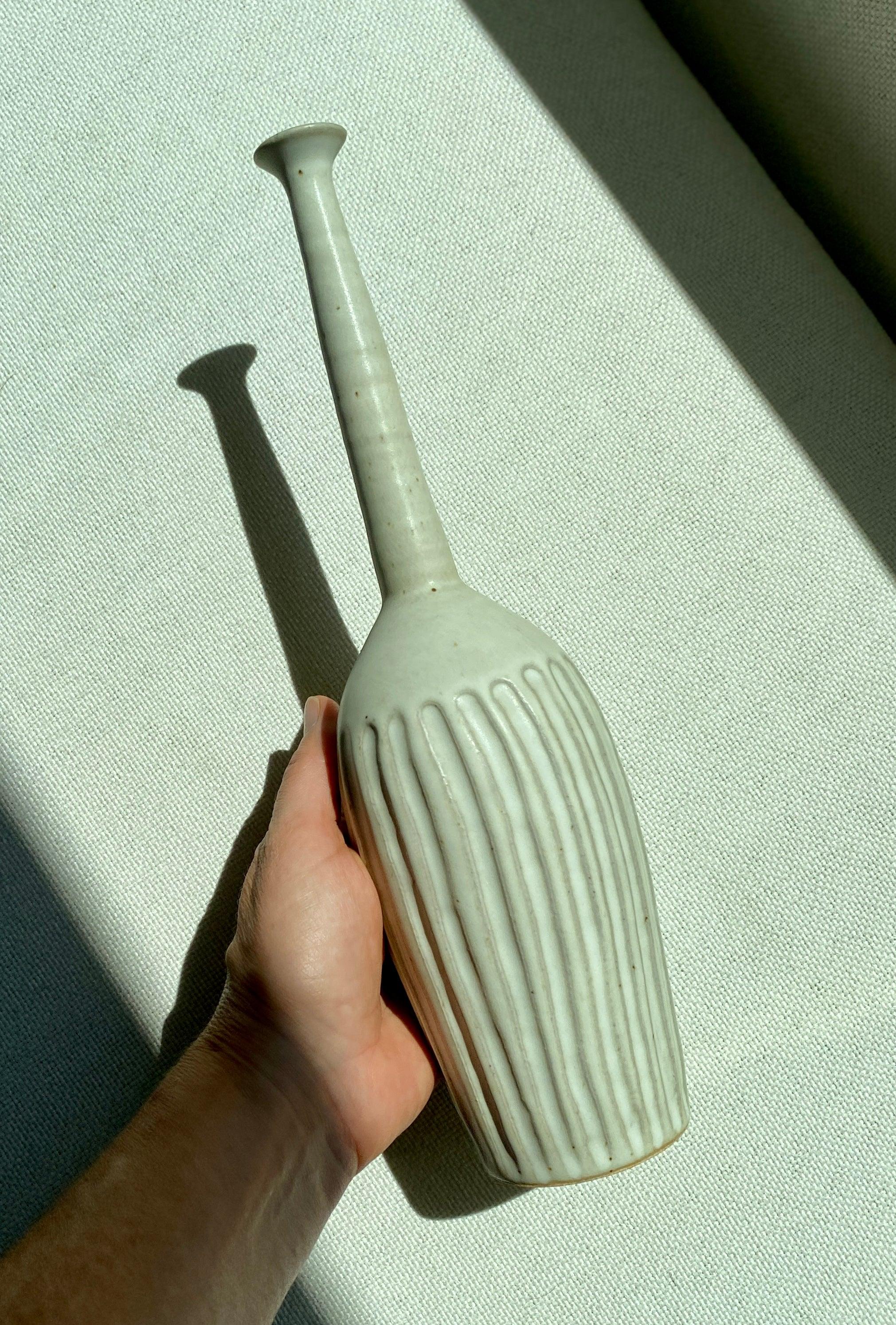 Matte white tall carved decorative bottle No. 8 - Dana Chieco Studio