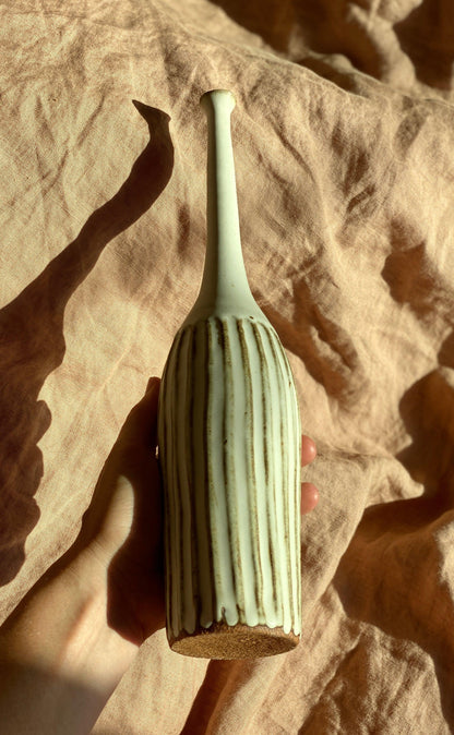 Matte white carved tall bottle with red clay No. 3 - Dana Chieco Studio