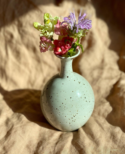 Glossy white speckled bottle-neck vase - Dana Chieco Studio
