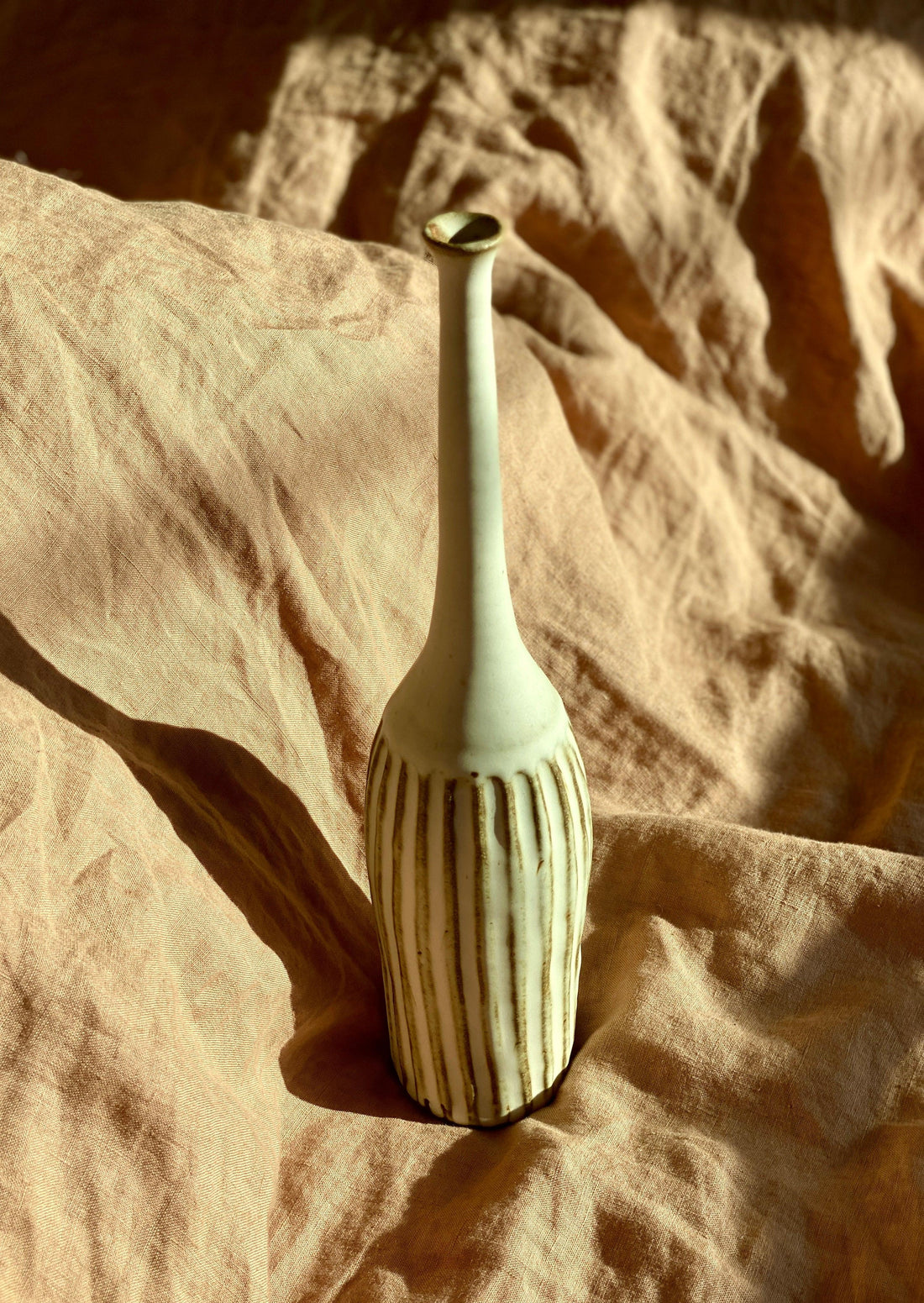 Matte white carved tall bottle with red clay No. 3 - Dana Chieco Studio