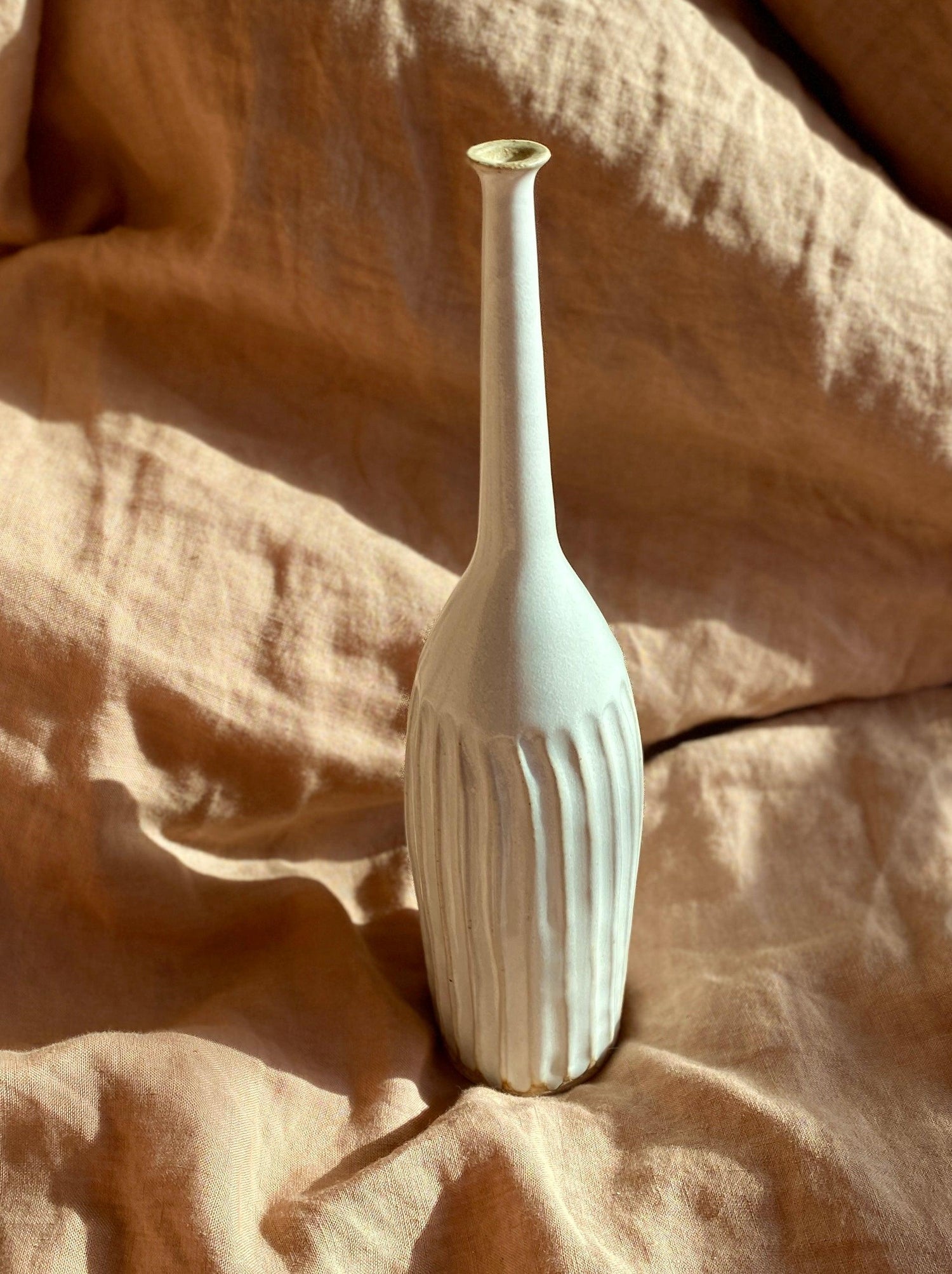 Glossy white carved tall bottle No. 9 - Dana Chieco Studio