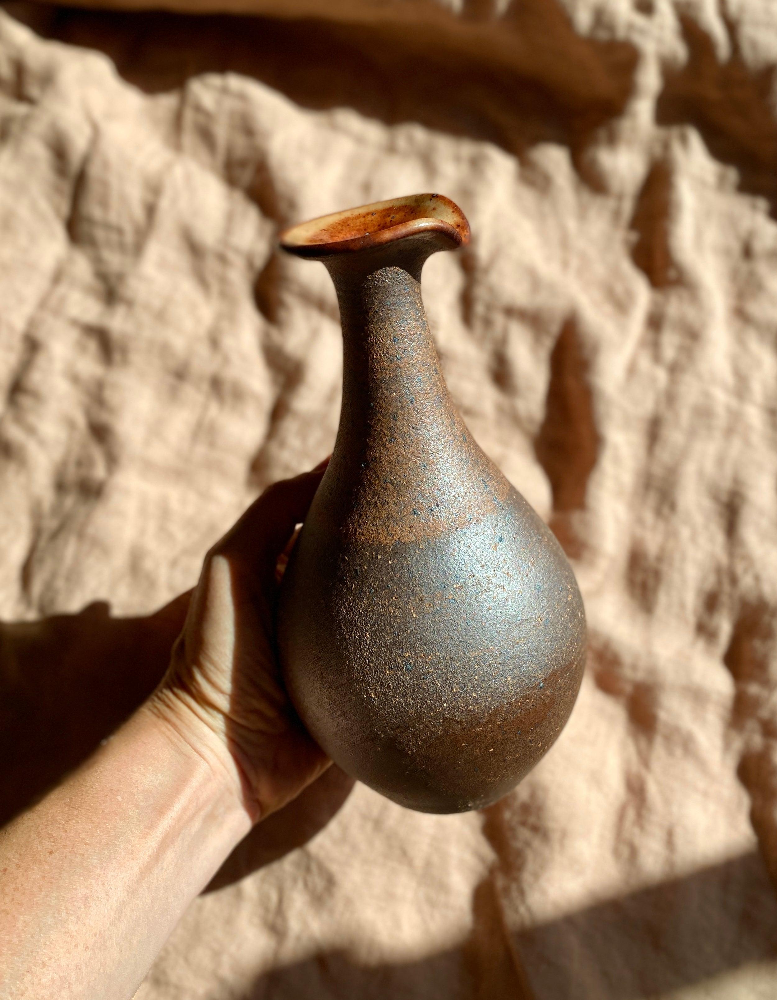 Shino and raw clay decorative vase with spout - Dana Chieco Studio