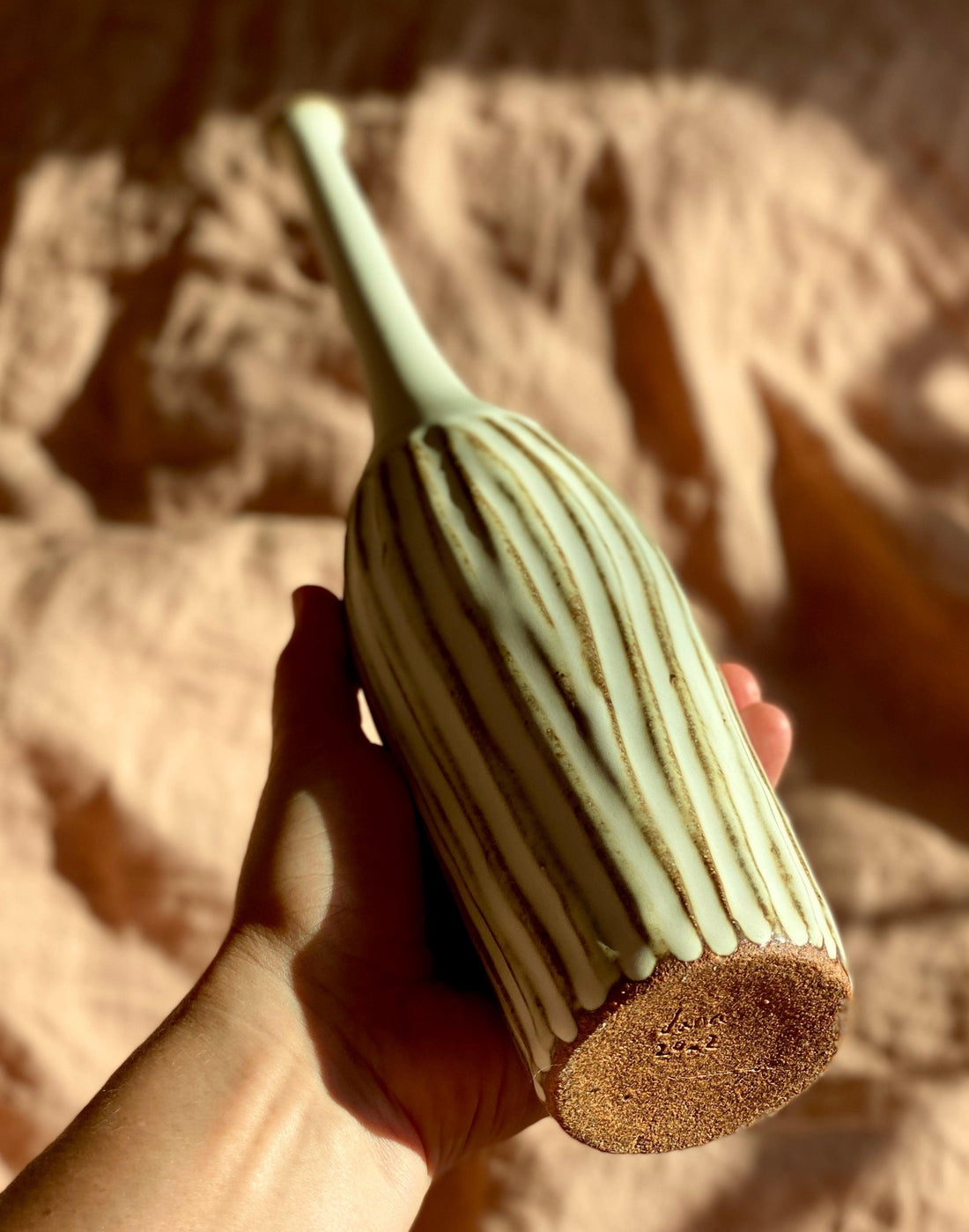 Matte white carved tall bottle with red clay No. 3 - Dana Chieco Studio